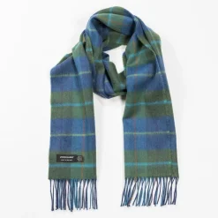 John Hanly Merino Wollen Sjaal Denim Groen Geruit