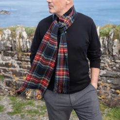 John Hanly Merino Wollen Sjaal Zwart Stewart Tartan