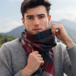 John Hanly Merino Wollen Sjaal Houtskool Zilver Rood Geruit
